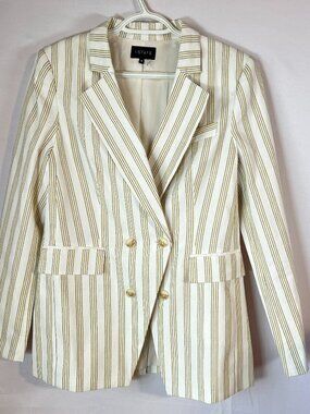 1.STATE Striped Double‑Breasted Blazer — Timeless  with Butter Yellow Stripes